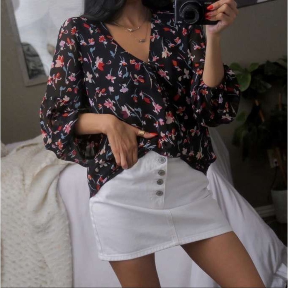 NEW! Madewell Shirred-Sleeve V-Neck Top Drifting Flowers XS Floral Chiffon